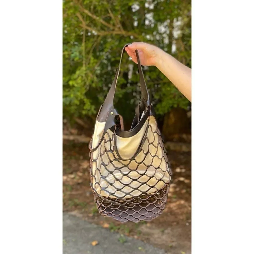 BCBG MAX AZRIA New Leather/ Linen-Fishnet Tote